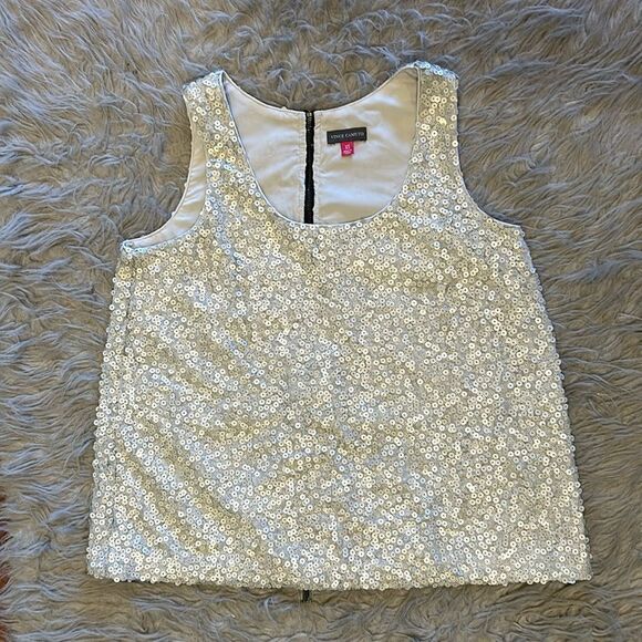 Vince Camuto women’s cream sequin flowy zipped up back tank top‎ size xs - Picture 1 of 5